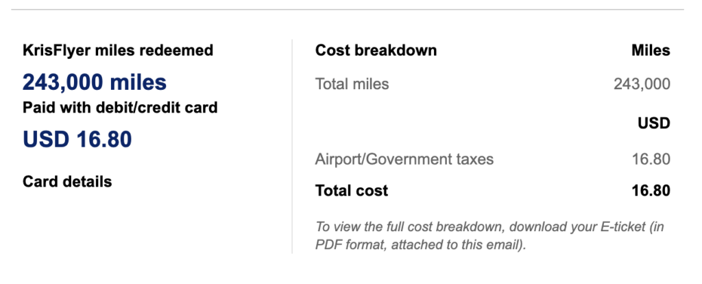 Scrennshot of a booking confirmation for 243,000 miles and USD 16.80