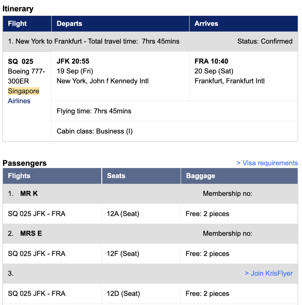 Singapore Airlines booking confirmation for 3 business class seats from JFK to FRA.