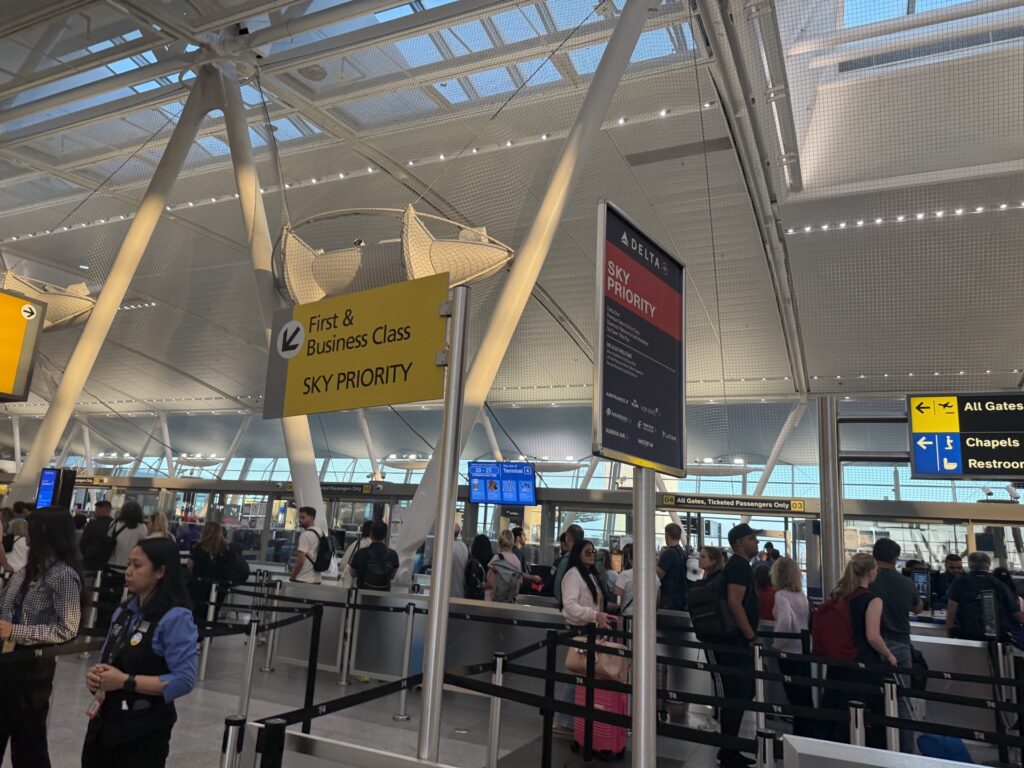 The queue for the Business Class Security line at JFK. The length of the queue is not immediately noticeable.