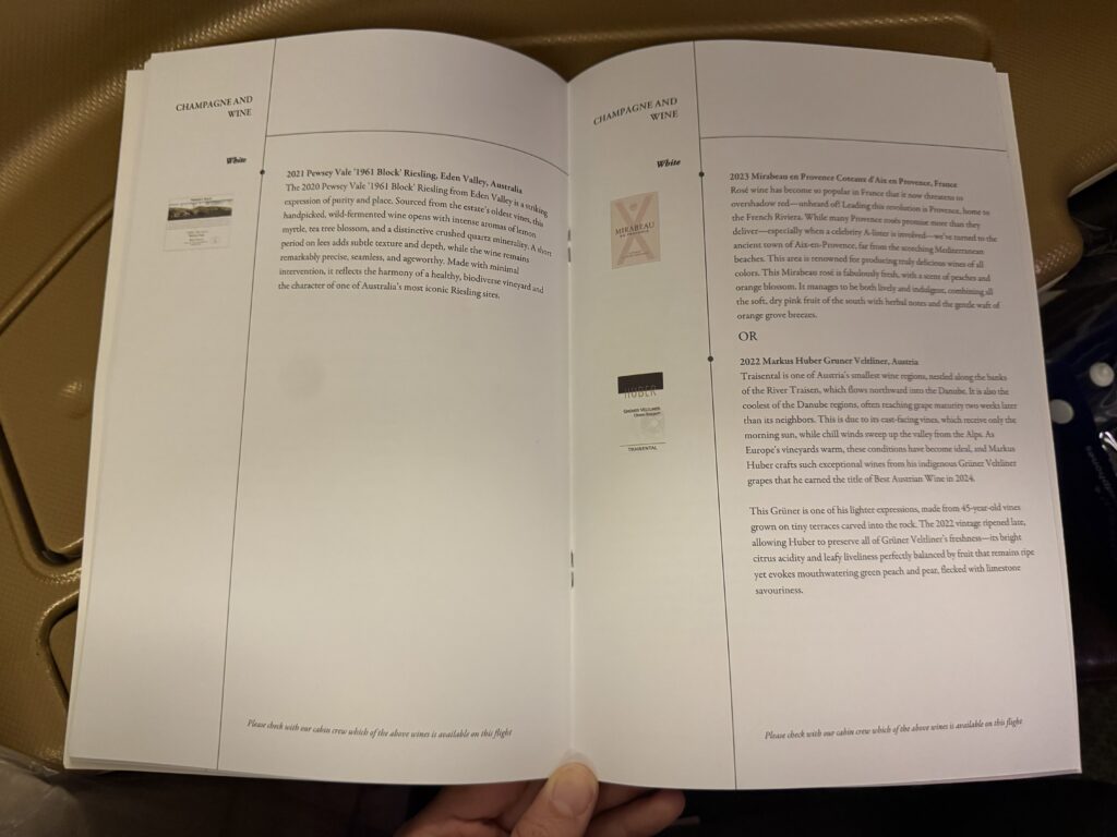 A detailed list of wines served in Singapore Airlines business class.